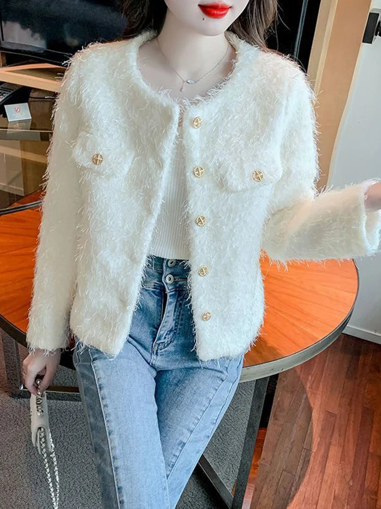 Lunivop Sweet Tassel Slim Tweed Jacket Women Fashion Long Sleeve Korean O Neck Short Coat Chic Elegant Fall Small Fragrance Tops