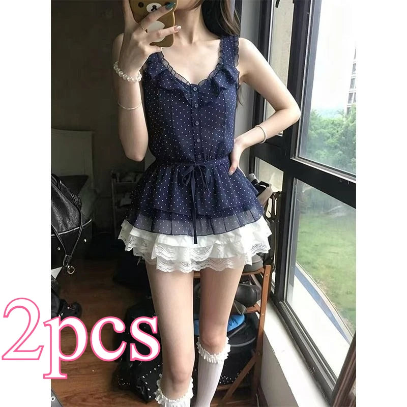 Vintage Casual U-neck Ruffled Sleeveless Polka Dot Top Fashion Lace Half Skirt Japanese/Korean Idol Harajuku 2-piece Set