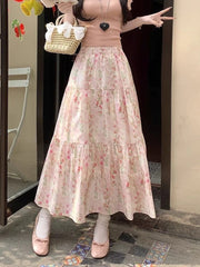 Lunivop  Cute Floral Long Skirts Women Elegant High Waist Retro Sweet Skirt Japan Casual Loose All Match Spring Summer Kawaii Skirt