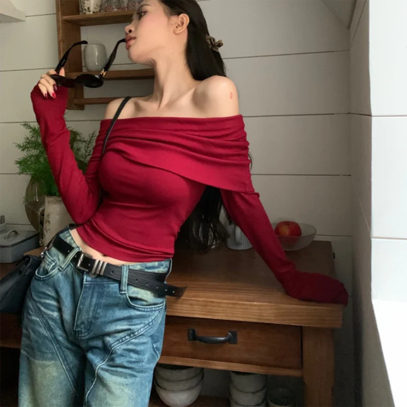 Lunivop Chic Women Sexy Off Shoulder T-shirt Winter Long Sleeve Slim Fit Crop Top Y2K Vintage Harajuku Black Tees Elegant Female Clothes