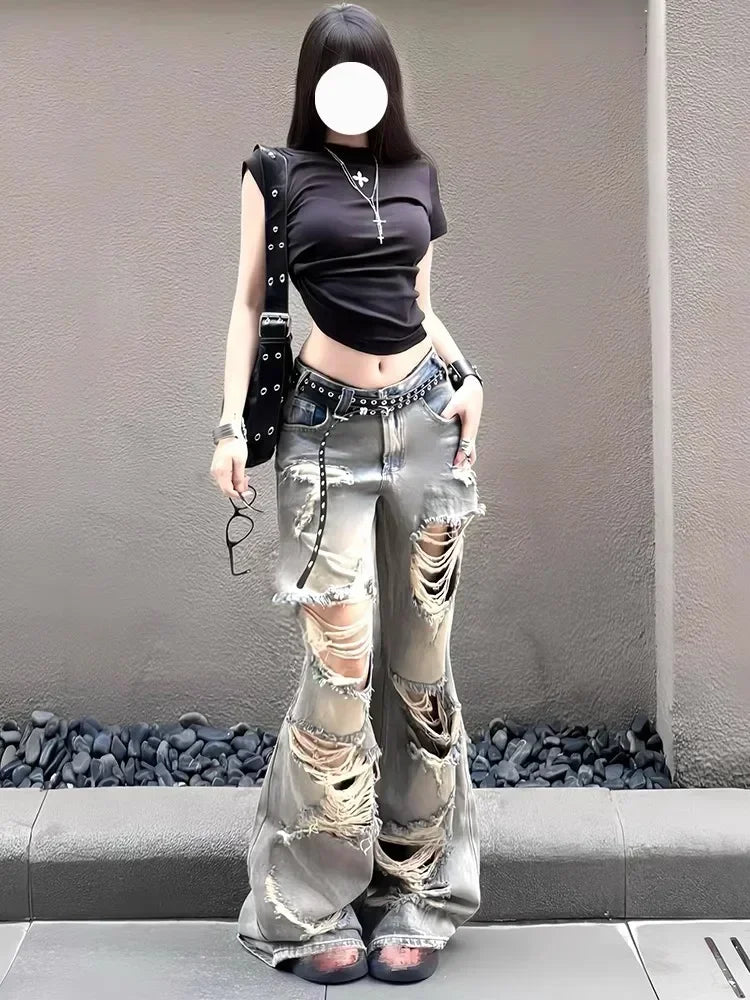 Lunivop Large size fat mm American retro Spice Girl washed ripped jeans women's summer new street loose wide-leg trousers
