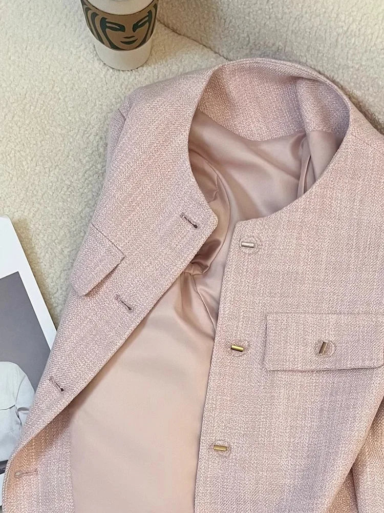 Lunivop Elegant Women Pink Blazer Coat Sweet Long Sleeve Fashion Slim Suit Jacket Korean Chic O Neck Female Fall Winter Casual Outwear