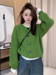 Lunivop Button Down Crew Neck Cardigan Sweater for Women Long Sleeve Cozy Plain Cardigan Soft Knitwear Autumn Winter Casual Chic Outfit