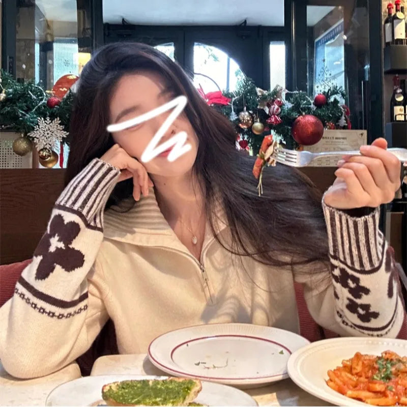 Lunivop Half Zipper Knit Cardigan Sweater Women Pullovers Cozy Loose Sweater Jacket Collared Long Sleeve Floral Print Fall Winter Outfit