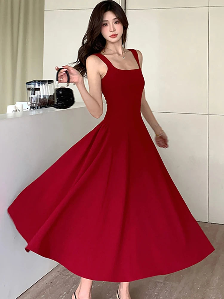 Lunivop  New White Square Collar Sling Sexy Long Dress Women Elegant Luxury Dance Party Dress Summer Korean Vintage Bodycon Vestidos