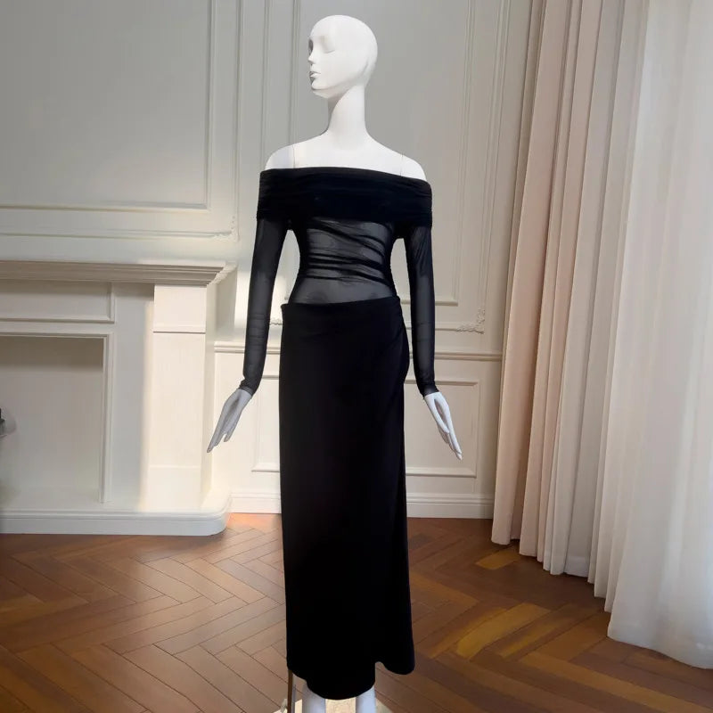 Lunivop  Fashion Mesh Hollow Out Dress Women's Slash Neck Long Sleeve Waist Retraction Dresses 2025 Summer New Tide