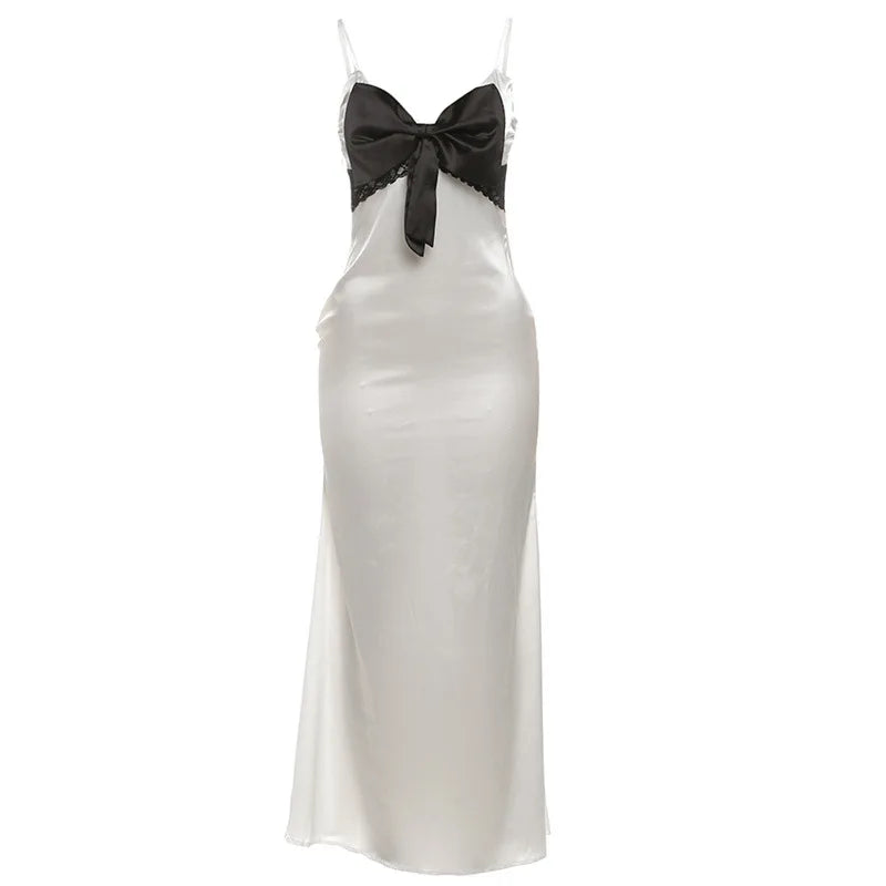 Lunivop  Women Sexy Bow Lace Patchwork Camisole Satin Maxi Dress V Neck Spaghetti Straps Backless Glossy Bodycon Birthday Party Long Robe
