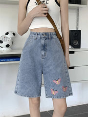 Lunivop  Ele  Embroidery High Waist Wide Leg Jeans orts for Women Summer Anti-Wrinkle Stand Fit No Stretch Elastic