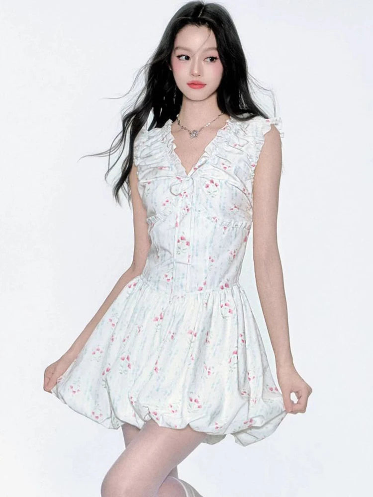 Lunivop  Floral V Neck Sexy Dress Women Casual Elegant Sleeveless Mini Dress Vintage Lace Up Female Korean Summer Beach Style Dress