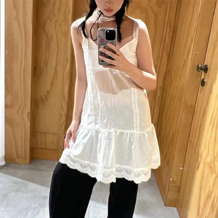 Lunivop  Lace Patchwork Camisole Vest Dresses Simple All-match Vestidos De Verano Mujer 2025 Summer New White Dress for Women