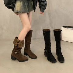 Lunivop Designer Leopard Pleated Knee Boots Woman Chunky Heel Pull-on Long Booties Ladies Fashion Buckle High Knight Botas De Mujer