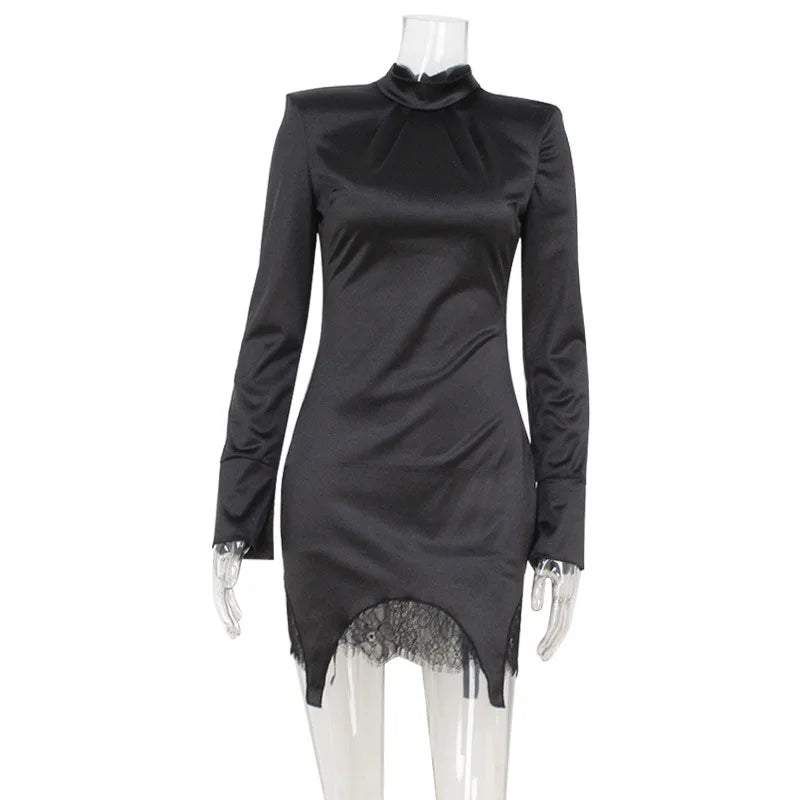 Lunivop  Elegant Satin Mini Dress Lace Patchwork Women Fashion Sexy Turtleneck Bow Tie Long Sleeve Slim Party Clubwear Casual Streetwear