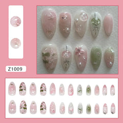 Lunivop  24pcs Summer Sweet Pink Roses Flower Medium Long Almond Nail Art Nails Set Press on Acyrlic Fake Nails Set Nail Tips with Charms