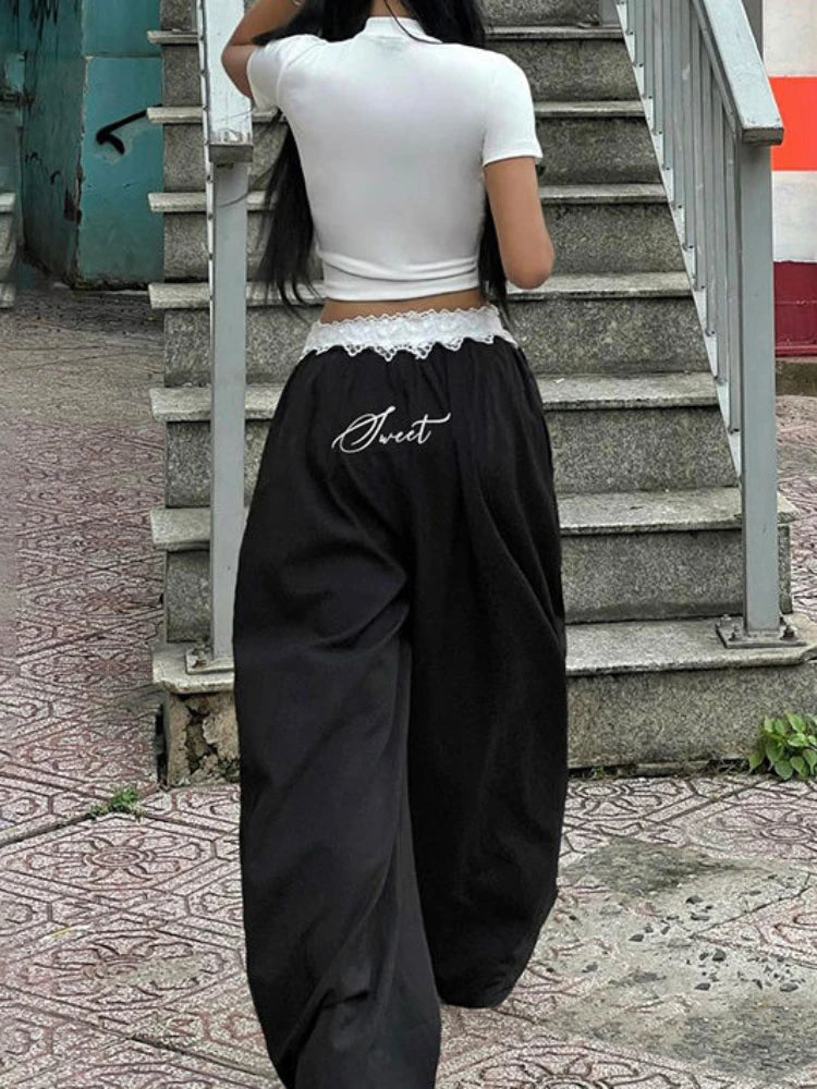 Lunivop Vintage Lace Patchwork Pants Women Y2k Streetwear Low Rise Wide Leg Trousers Korean Fashion Casual Black Baggy Pants