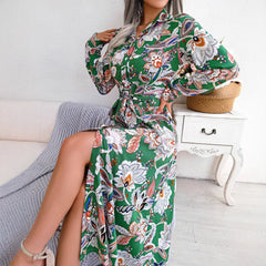 Lunivop  Spring and Summer New Women's Clothing Large Split-ended Dress, Retro Style Printed Flower Lapel Tie-up Shirt Long Dress