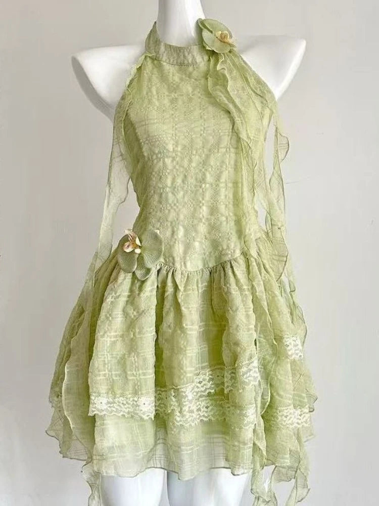 Lunivop  Y2K Sweet Chic Dress Women Slim Fit Waist Cinched Lace Halter Neck Sleeveless Mini Dress Summer Harajuku Fashion Outfit