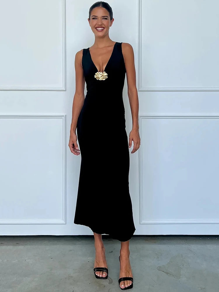 Lunivop Sexy Deep V-neck Metal Button Women Maxi Dress Black Sleeveless High Waist Dress Female Summer Skinny Elegant Beachwear