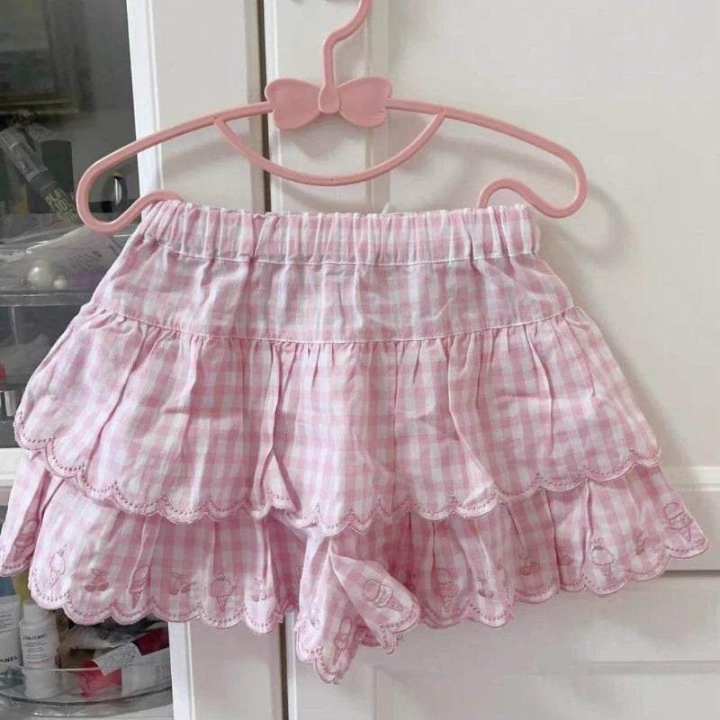 Lunivop Japanese Style Kawaii Mini Skirt Women Sweet Harajuku Lolita Plaid Skirts Pink Y2k Cutecore Summer A-line Ruffle Skirts
