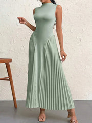 Lunivop  Elegant Pleated Slim A-Line Sleeveless High Neck Maxi Dress