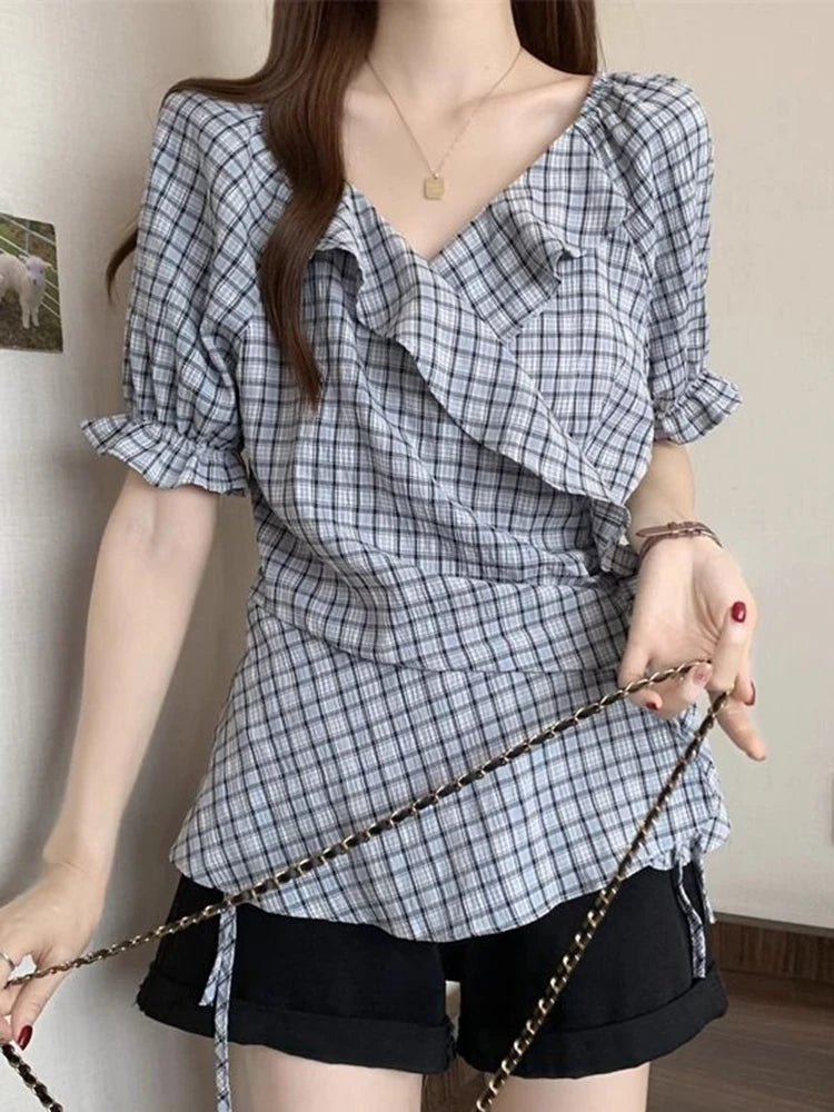 Lunivop  Ruffles Vintage Plaid Blouse Women Causal Sweet Slim Short Sleeve Shirt Korean Retro Female Lace Up Elegant Design Tops New