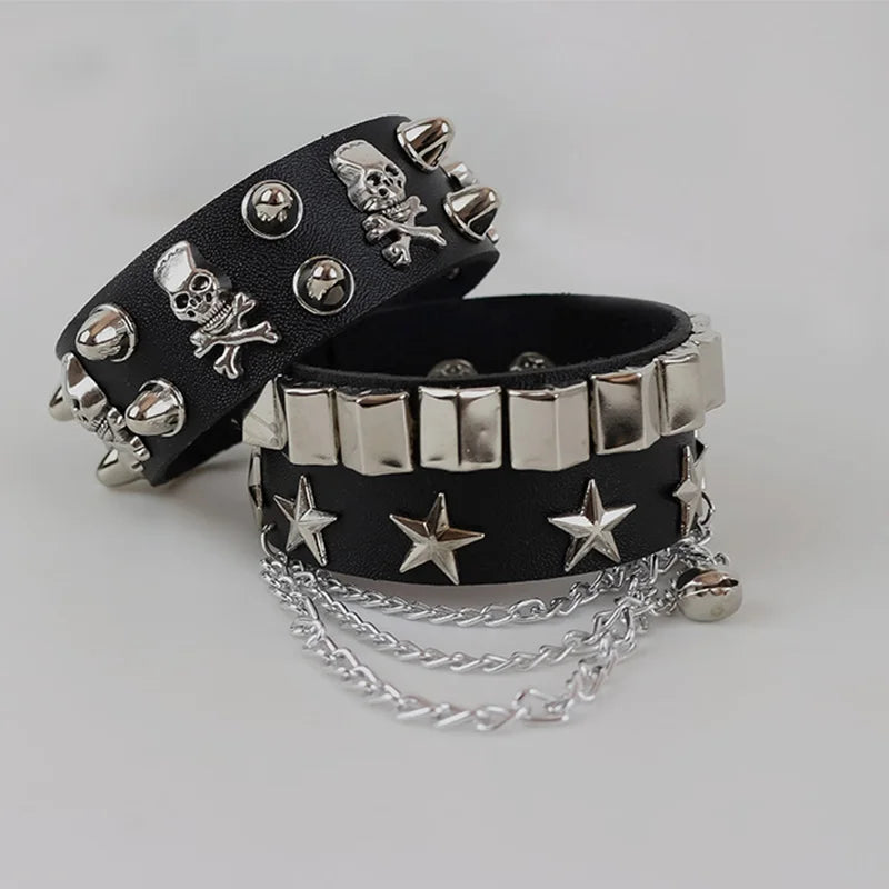 Lunivop Trend Punk Exquisite Chain Alloy Star Rivet Skull Bracelet for Women Multicolored PU Leather Bracelet Cool Hiphop Jewelry Gifts