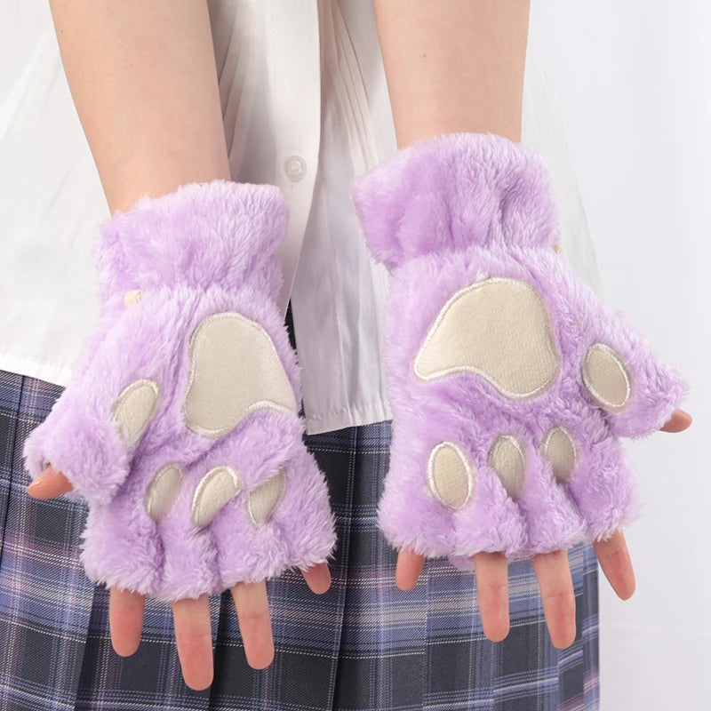 Lunivop Women Cartoon Cat Claw Gloves Thickened Plush Lovely Style Bear Paw Exposed Fingers Half Winter Mittens Warm Girls Gift Gloves