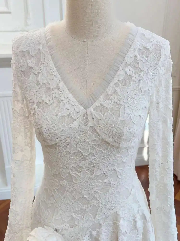 Lunivop Women's Lace Ruffled Asymmetric Design Dresses V Neck High Waist Long Sleeve Slim Elegant Dress Autumn 2025 New
