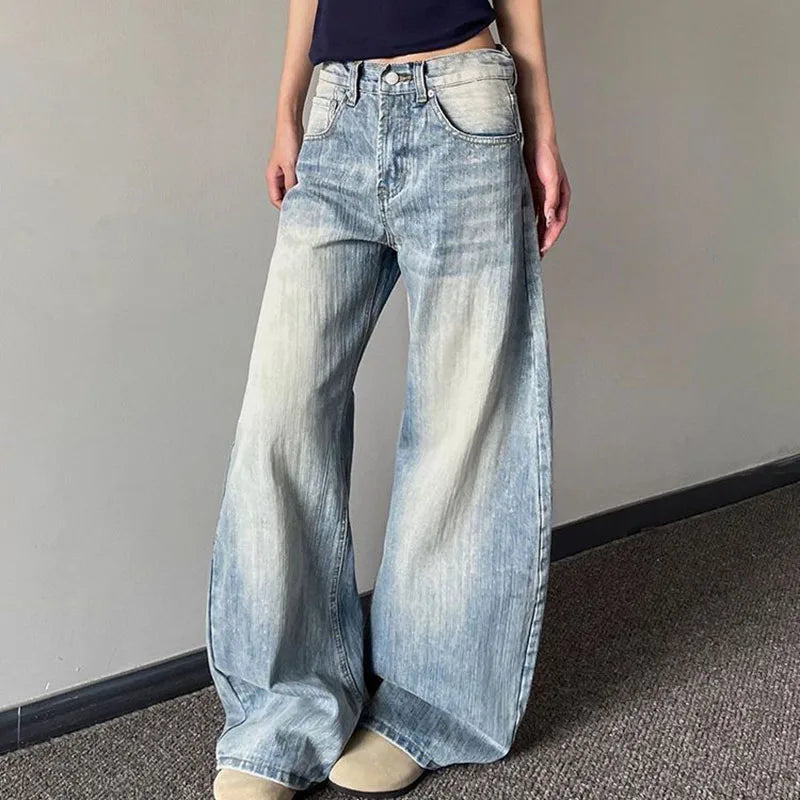 Lunivop  Women's Vintage Washed Denim Pants American Retro Baggy Y2K Wide Leg Jeans Woman High Waisted Light Blue Cowboy Sickle Trousers
