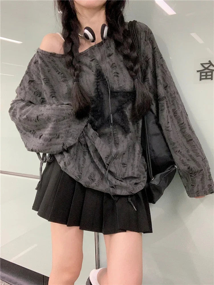 Lunivop Streetwear Drawstring Pleated Loose Long-sleeved T-shirt Women Autumn New O-Neck Star Stitching Distressed Casual Tops