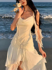 Lunivop  Women Elegant Backless Sexy Slip Dresses Summer New Fashion Asymmetrical Ruffles Holiday Beach Party Club Split Long Dress