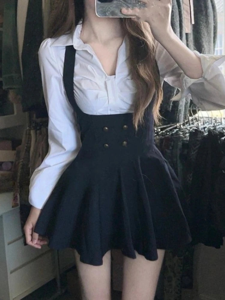 Lunivop  Autumn Korean Two Piece Sets Fashion Sweet Casual White Pleated Shirt Women+ Y2k High Waist Skirts Subcultural