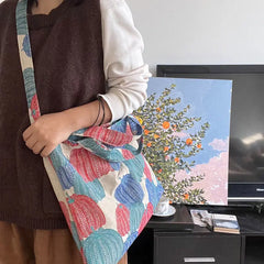 Lunivop  Retro Pumpkin Embroidery Tote Bag Women Jacquard Fabric Large Capacity Shoulder Bag Ladies Everyday Casual Crossbody Bag