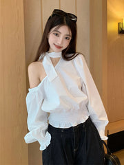 Lunivop   Sexy Off Shoulder White Shirt Women Elegant Halter Flare Sleeve Blouse Spring Korean Fashion Hollow Out Lace Up Sweet Tops