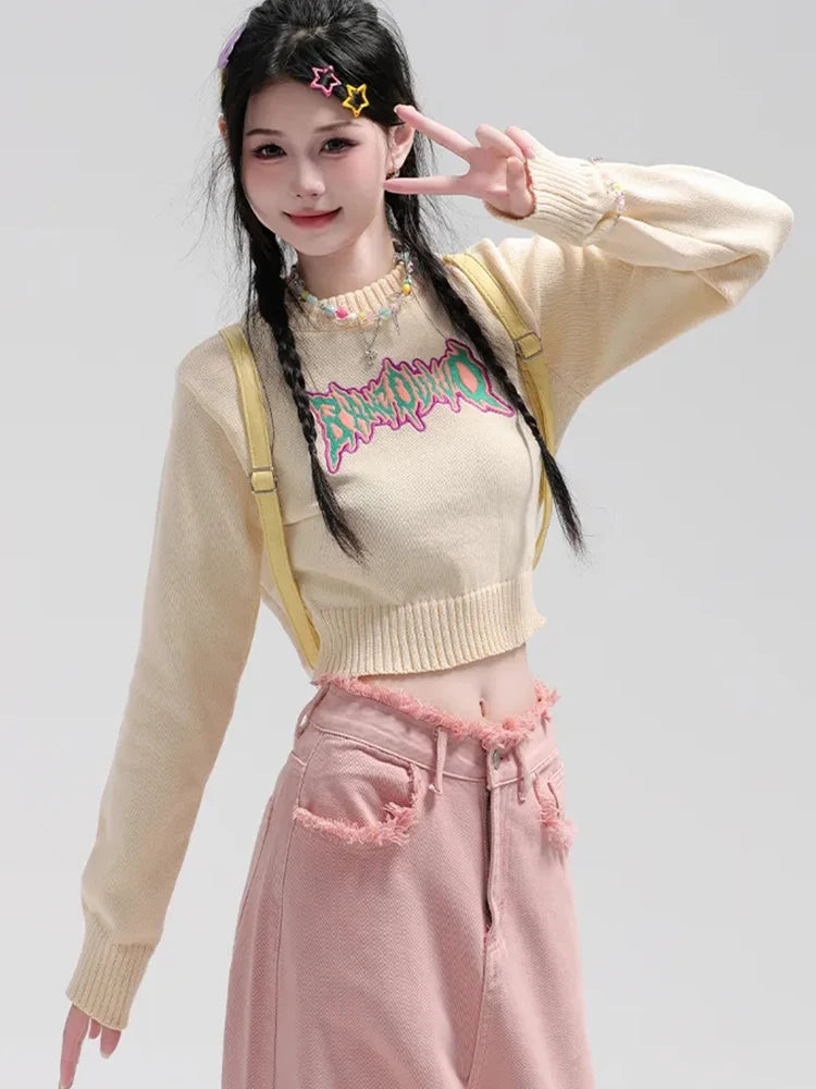 Lunivop Sexy Cropped Sweaters Women Slim Letter Long Sleeve Cute Knitted Jumper Vintage Preppy Style Female O Neck Casual Pullovers