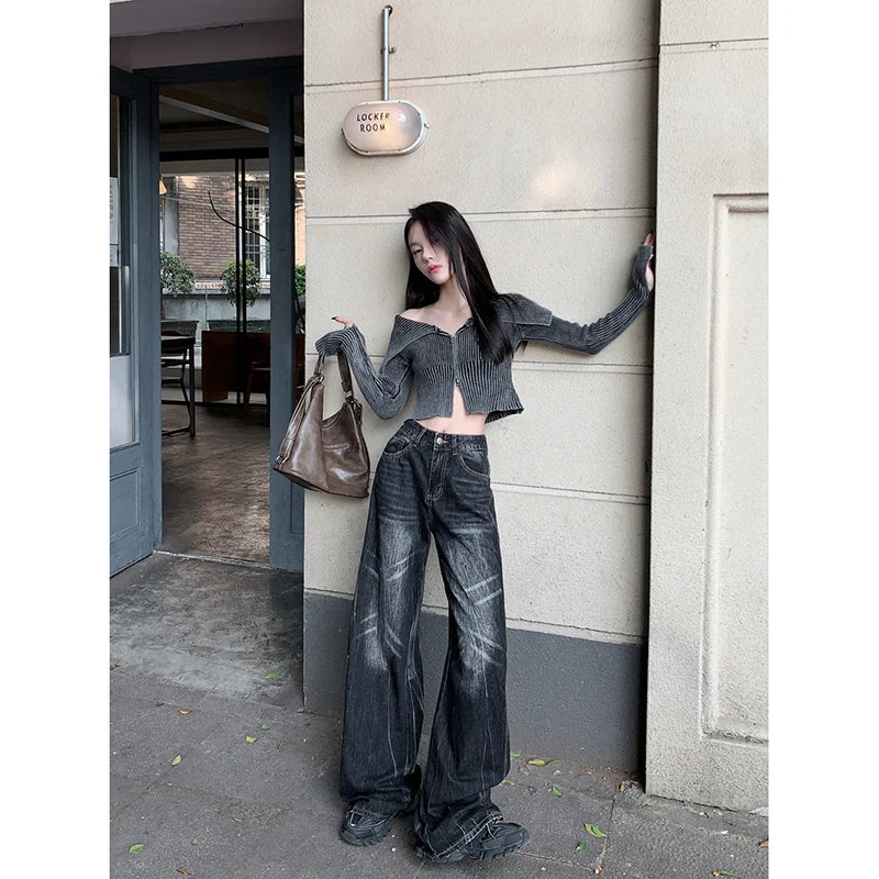 Lunivop Black High Waist Women Jeans Chic Design American Fashion Vintage Streetwear Wide Leg Jean Female Trouser NEW Baggy Denim Pants