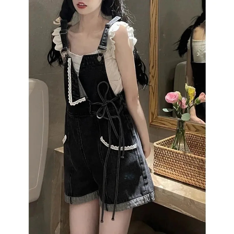Lunivop  New Lace Edge Salt Denim Suspender Shorts for Women Spring Thin Loose Straight High Waist Wide Leg Pants the dress black dress white dress