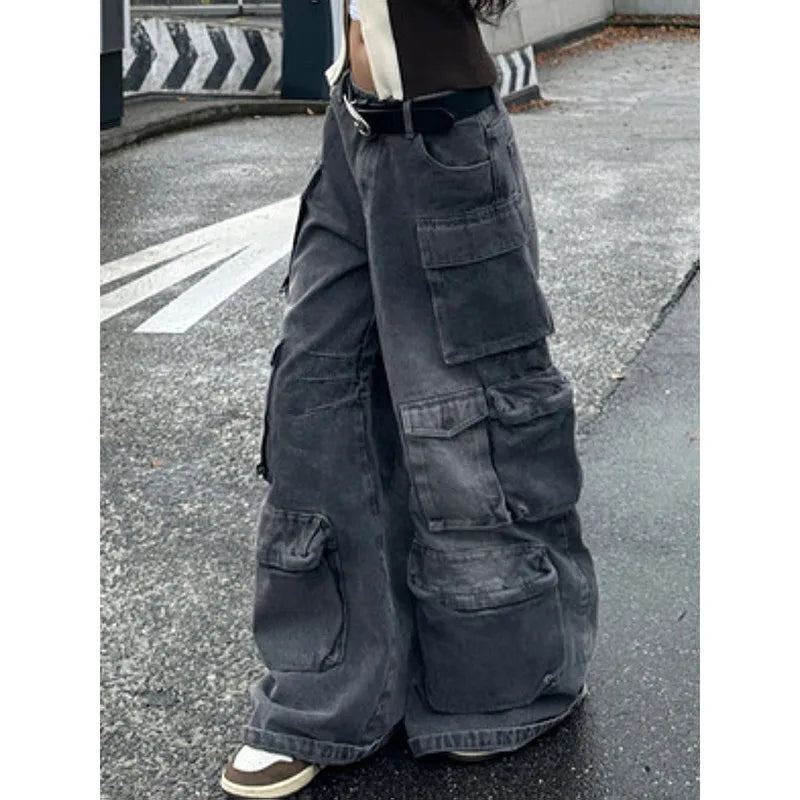 Lunivop Black Women Jeans High Waist Vintage Multiple Pockets Straight Y2K Baggy Denim Pants Street American Style Wide Leg Denim Trouse