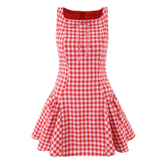 Lunivop  Sexy Red Gingham Plaid Mini Sleeveless Dress Women Bow O Neck Zipper Back Low Waist Ruched Hem Swing Tank Dresses Vestidos Black