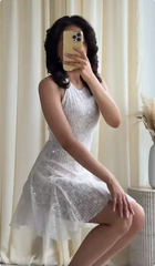 Lunivop  Women Sexy Lace Mini Halter Dress Chic Solid Sleeveless Backless Sequin A-line Slim Fit Dresses New Ladies Party Vestidos