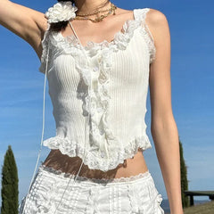 Lunivop Lace Trim Tank Tops Sleeveless Square Neck Rib Knit Tank Crop Top Women Teengirl Camis and Tanks Summer Fairycore  Outfit