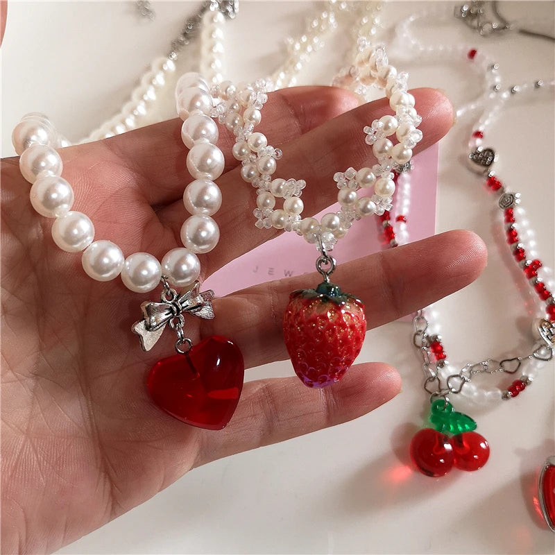 Lunivop Goth Cute Romantic Love Strawberry Pendant Handmade Pearl Beaded Necklace For Women Y2k Aesthetic Harajuku Jewelry Accessories