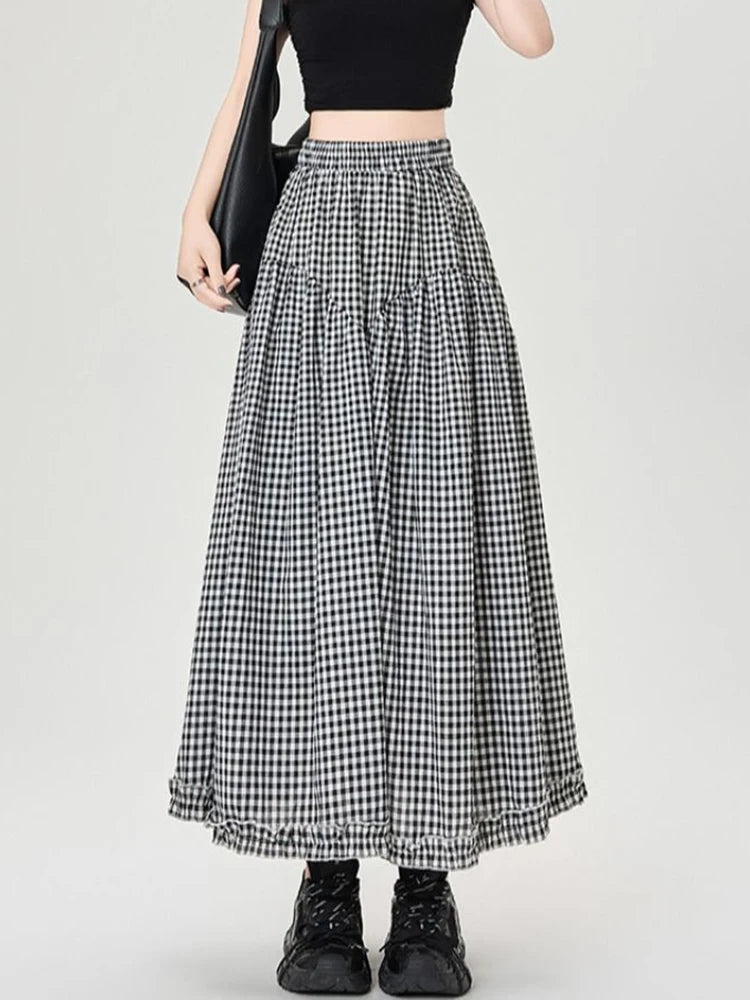 Lunivop  Vintage Plaid Long Skirts Women Loose Y2K High Waist A Line Skirts Japan Retro Casual All Match Black White Plaid Skirt New