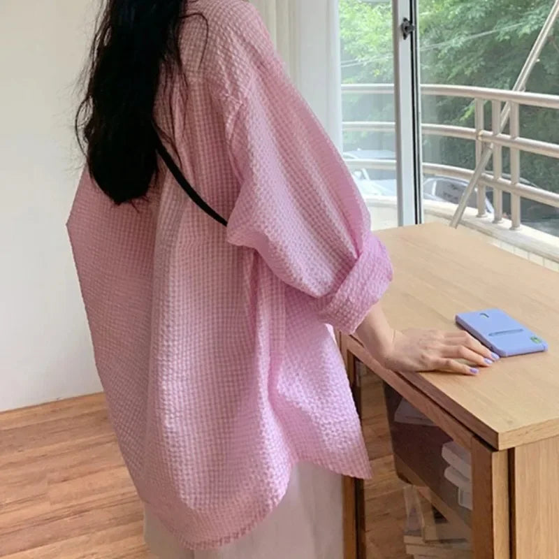 Lunivop Korean Women's Shirt Sunscreen Long Sleeves Shirt Summer Women's Loose Casual Single Breasted Turndown Collar Plaid