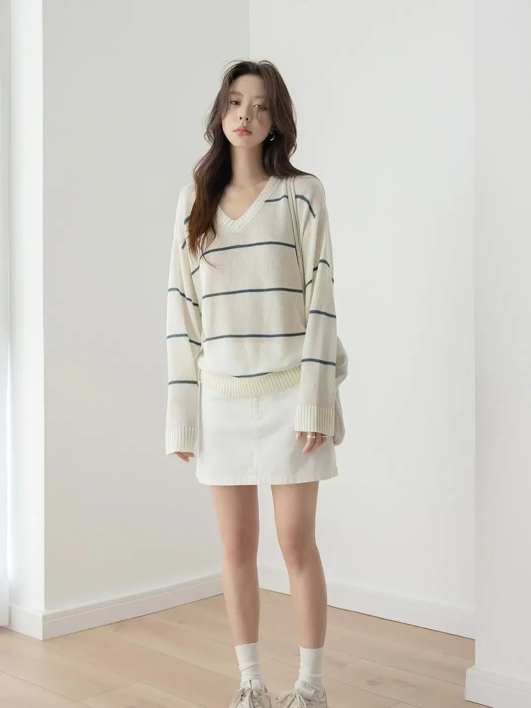 Lunivop Vintage Contrast Color V Neck Striped Sueter Mujer Long Sleeve Y2k Pullovers High Street Women American Loose Sweaters