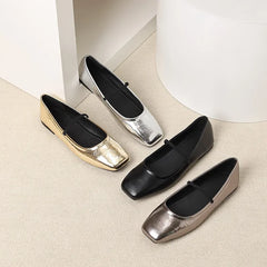 Lunivop New Women Mary Janes Soft Sole Flats Ladies Retro Square Toe Silver Gold Party Leather Loafers Elegant Slip-on Ballet Shoes