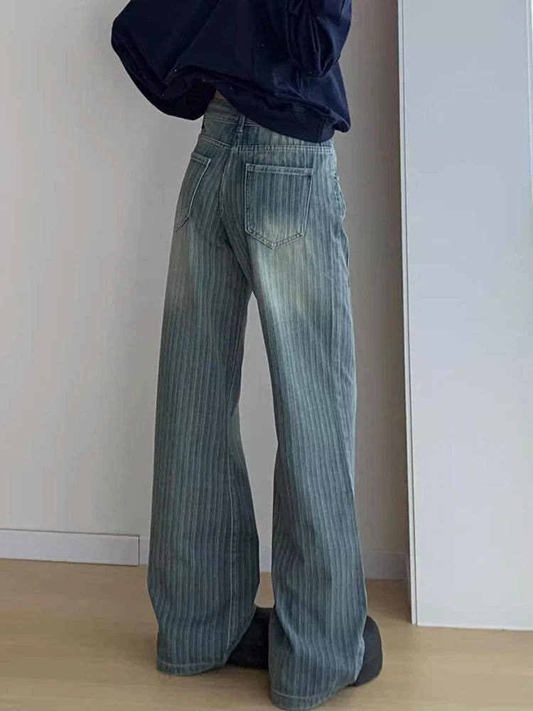 Lunivop Women Streetwear Striped Jeans Vintage High Waist Design Y2K Denim Pant Casual American Hip Hop Harajuku Wide Leg Trousers Fall