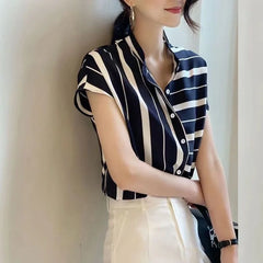Lunivop  Summer Women Short Sleeve Striped Tops Fashion Irregular Blouses Lady Temperament Shirts Stand Collar Loose Blusas