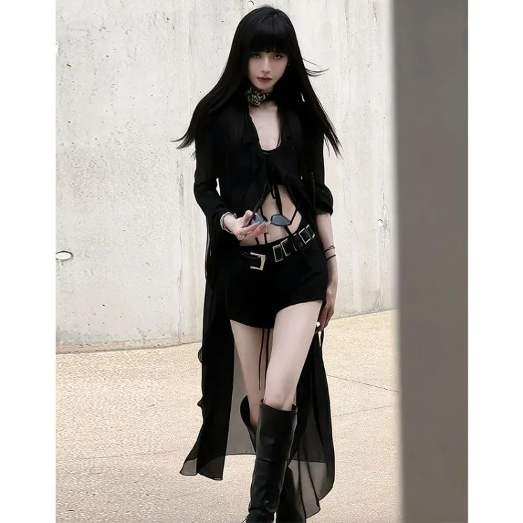Lunivop  Y2k Sexy Slim Fit Black Dress for Women Fashion All-match Mid-length Dresses E-Girl Mesh Long Sleeve Sun Protection Coat