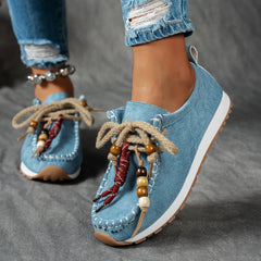 Lunivop  Tribal Beaded Women's Flats Spring Autumn Season round Toe Velvet Material Mid Heel Plain Pattern Large Size Slip-On Shoes