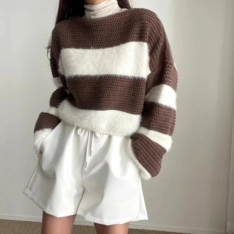 Lunivop Fuzzy Striped Sweater Women Pullovers Cozy Loose Long Sleeve Crop Knit Jumper Knitwear Teen-girl Fall Winter Casual Chic Outfit